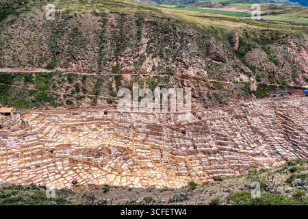 Les étangs salants de Maras descendent une colline en terrasses dans la Vallée sacrée du Pérou. Banque D'Images