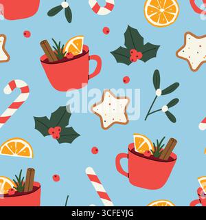 noël, festif, motif sans couture d'hiver avec vin chaud, cannes de bonbon, holly berry, gui et pain d'épices cookies-illustration vectorielle Illustration de Vecteur