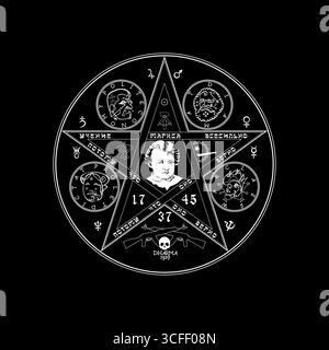 Symbole de pentagramme occulte avec des figures mystiques et des inscriptions. Joseph Staline, Karl Marx, Mao Zedong et Vladimir Lénine. Illustration de Vecteur