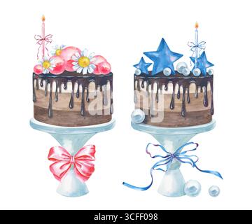 Deux gâteaux à l'aquarelle pour la douche de bébé, bleu et rose, sont dessinés à la main. L'illustration de l'aquarelle est isolée sur un fond blanc. Un modèle avec Banque D'Images