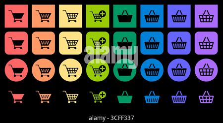 Ensemble d'icônes de panier et de panier. Ensemble d'icônes rondes et carrées multicolores sur fond noir Illustration de Vecteur