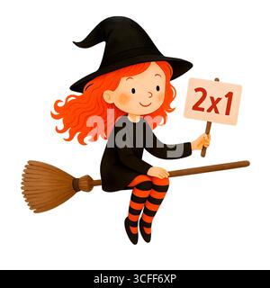 Illustration du signe de promotion de la sorcière mignonne d'Halloween, Clipart de personnage Spooky Banque D'Images