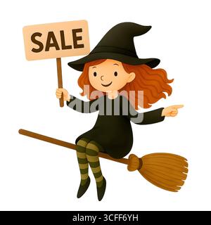 Illustration du signe de promotion de la sorcière mignonne d'Halloween, Clipart de personnage Spooky Banque D'Images