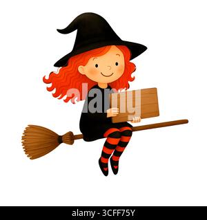Illustration du signe de promotion de la sorcière mignonne d'Halloween, Clipart de personnage Spooky Banque D'Images