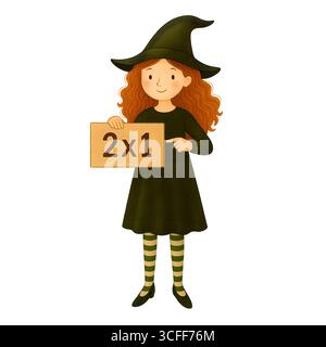 Illustration du signe de promotion de la sorcière mignonne d'Halloween, Clipart de personnage Spooky Banque D'Images