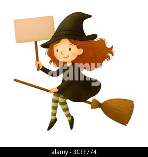 Illustration du signe de promotion de la sorcière mignonne d'Halloween, Clipart de personnage Spooky Banque D'Images