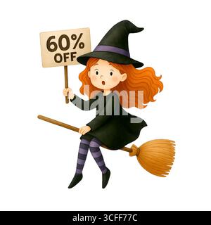 Illustration du signe de promotion de la sorcière mignonne d'Halloween, Clipart de personnage Spooky Banque D'Images