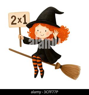 Illustration du signe de promotion de la sorcière mignonne d'Halloween, Clipart de personnage Spooky Banque D'Images
