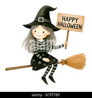 Illustration du signe de promotion de la sorcière mignonne d'Halloween, Clipart de personnage Spooky Banque D'Images
