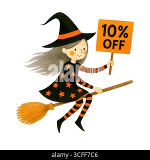 Illustration du signe de promotion de la sorcière mignonne d'Halloween, Clipart de personnage Spooky Banque D'Images