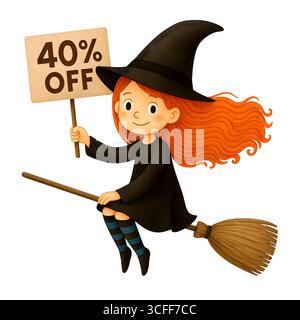 Illustration du signe de promotion de la sorcière mignonne d'Halloween, Clipart de personnage Spooky Banque D'Images