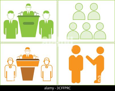 Quatre icônes de conférence et de présentation d'affaires en vert et orange Illustration de Vecteur