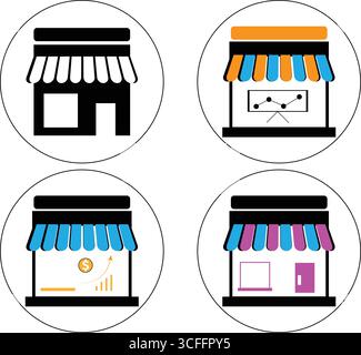 Quatre icônes circulaires de vitrine avec des auvents colorés et des symboles d'affaires illustration vectorielle Illustration de Vecteur
