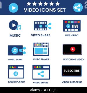 Jeu d'icônes vidéo : appareil photo, lecture, Pause, arrêt, multimédia, vidéo en ligne, film, Cinéma, enregistrement, streaming – Collection Solid Vector Icons Illustration de Vecteur