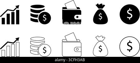 Icônes financières définies. Les icônes d'argent d'affaires signent des signes. Collection silhouette argent. Portefeuille avec icône de cartes. Graphique de croissance. Moneybag ou Stash. Illustration de Vecteur