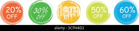 Ensemble d'autocollant grunge avec 20, 30, 40, 50, 60% de réduction dans un design plat. Pour la vente, la promotion, la publicité. Illustration de Vecteur