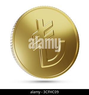 Pièce de monnaie de lira turque dorée isolée sur fond blanc. Illustration 3D. Banque D'Images