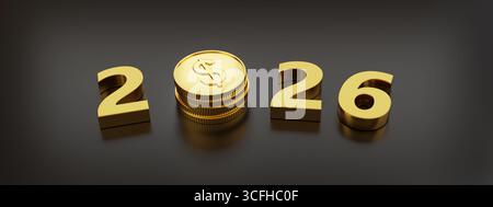 Année 2026 en trois dimensions avec des pièces de dollar. Concept du nouvel an. illustration 3d. Banque D'Images