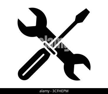 Cette illustration en noir et blanc présente une clé croisée avec un tournevis, symbolisant les tâches de réparation et de maintenance dans diverses industries. Illustration de Vecteur