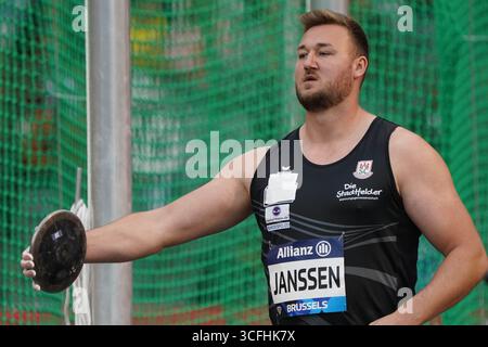 Bruxelles, Belgique. 22 août 2025. Leichtathletik, athlétisme, Wanda Diamond League Brussels 2025 Allianz Memorial van Damme 22.08.2025, Boudewijnstadion, Brussels, Diskuswurf Männer, Discus Throw Men, Hendrik Janssen, Deutschland, Fotocopyright Gladys Chai von der Laage crédit : dpa Picture alliance/Alamy Live News Banque D'Images