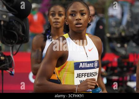 Bruxelles, Belgique. 22 août 2025. Leichtathletik, Athletics, Wanda Diamond League Brussels 2025 Allianz Memorial van Damme 22.08.2025, Boudewijnstadion, Brussel, 100m Frauen 100m femme Sha' Carri Richardson, Melissa Jefferson-Wooden beide USAFotocopyright Gladys Chai von der Laage crédit : dpa Picture alliance/Alamy Live News Banque D'Images