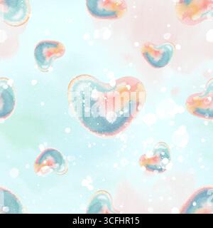 Motif aquarelle sans couture forme de coeur bulle. Couleur arc-en-ciel pastel sur tache rose turquoise. Arrière-plan d'illustration isolé mignon pour la Saint-Valentin Banque D'Images