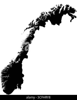 Carte vectorielle noire modifiable de la Norvège, montrant sa forme longue et étroite avec une côte ouest accidentée et minutieusement détaillée par de nombreux fjords. Illustration de Vecteur