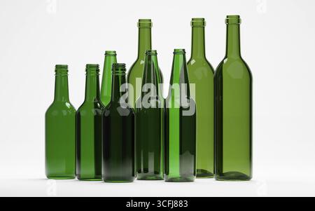 rendu 3d de bière de vin vide ou bouteilles en verre de liqueur pour l'emballage industriel ou le concept de recyclage Banque D'Images
