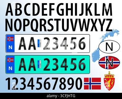 Modèle de plaque d'immatriculation de voiture de Norvège, lettres, chiffres et symboles, illustration vectorielle, pays européen Illustration de Vecteur