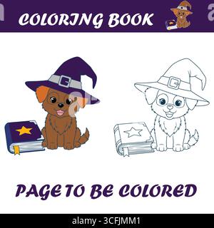 Cette charmante illustration est conçue pour une page de livre de coloriage, mettant en vedette un chien mignon portant un chapeau de sorcière à côté d'un livre. Illustration de Vecteur