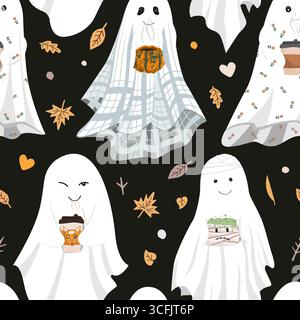 Fantôme drôle de feuille mignon tenant des tasses de boissons chaudes partie sans couture. . Illustration vectorielle de fond d'Halloween. Design esthétique de la saison d'automne. Illustration de Vecteur