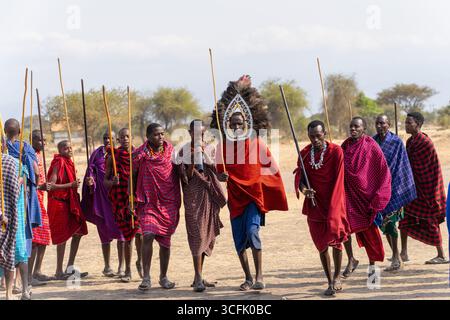 Des hommes Massaï interprétant une danse traditionnelle près de leur village en Tanzanie Banque D'Images