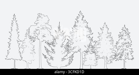 Dessins architecturaux, dessin de ligne d'arbre cao de style minimal, vue de côté, ensemble de symbole de contour de forêt de faune de section pour le dessin de conception de paysage Illustration de Vecteur