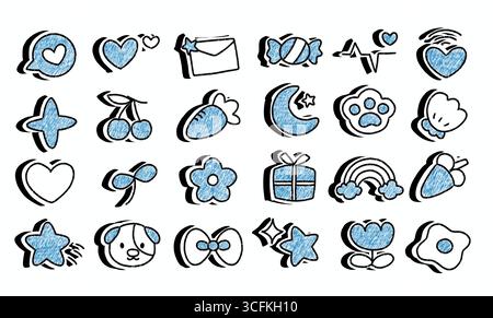 personnages de dessins animés de couleur bleue mignons, lettres d'amour, coeurs, fleurs et autocollants d'icônes romantiques Banque D'Images