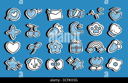 personnages de dessins animés de couleur bleue mignons, lettres d'amour, coeurs, fleurs et autocollants d'icônes romantiques Banque D'Images