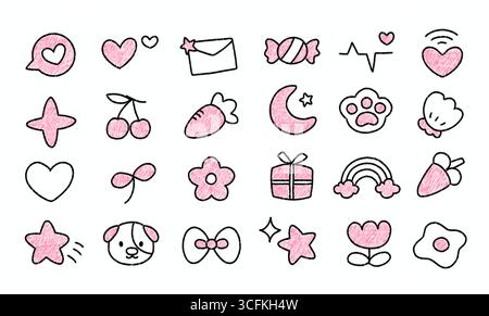 personnages roses de dessin animé mignons, lettres d'amour, coeurs, fleurs et autocollants d'icônes romantiques Banque D'Images