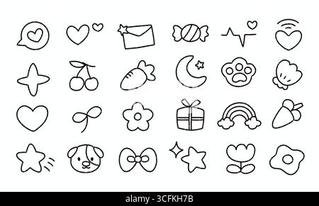 Kawaii doodle personnages d'art, lettres d'amour, coeurs, fleurs et autocollants d'icônes romantiques Banque D'Images