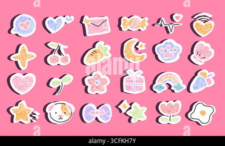 personnages de dessins animés mignons, lettres d'amour, coeurs, fleurs et autocollants d'icônes romantiques Banque D'Images