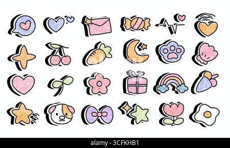 personnages de dessins animés mignons, lettres d'amour, coeurs, fleurs et autocollants d'icônes romantiques Banque D'Images