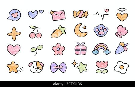 personnages de dessins animés mignons, lettres d'amour, coeurs, fleurs et autocollants d'icônes romantiques Banque D'Images