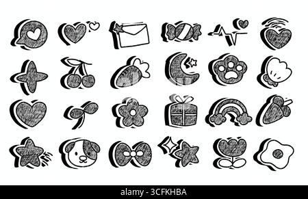 Kawaii doodle personnages d'art, lettres d'amour, coeurs, fleurs et autocollants d'icônes romantiques Banque D'Images