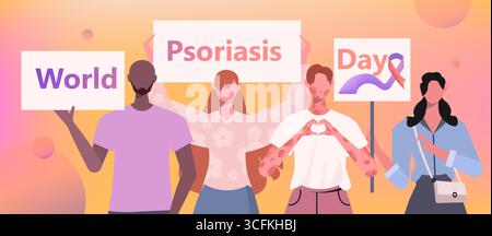 Un groupe de femmes et d'hommes en vêtements décontractés tient une pancarte dans les mains avec l'inscription Journée mondiale du psoriasis. Concept médical. Vecteur non généré par IA Banque D'Images