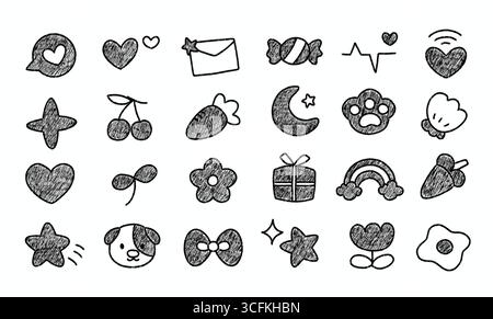 Kawaii doodle personnages d'art, lettres d'amour, coeurs, fleurs et autocollants d'icônes romantiques Banque D'Images