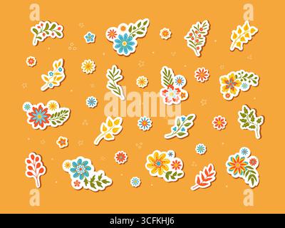 Stickers de brindilles et de fleurs d'automne dessinés à la main Illustration de Vecteur