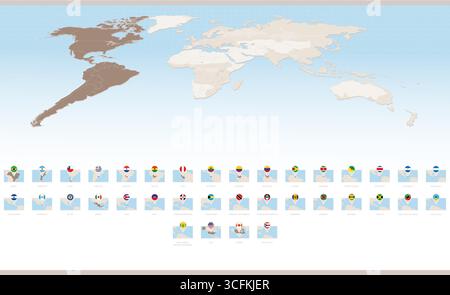 Cartes rectangulaires de l'Amérique avec épingles drapeau. Collection de cartes de l'Amérique. Illustration vectorielle. Illustration de Vecteur