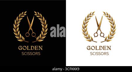 Un logo élégant avec de beaux ciseaux dorés entourés de feuilles de laurier, idéal pour les coiffeurs Illustration de Vecteur