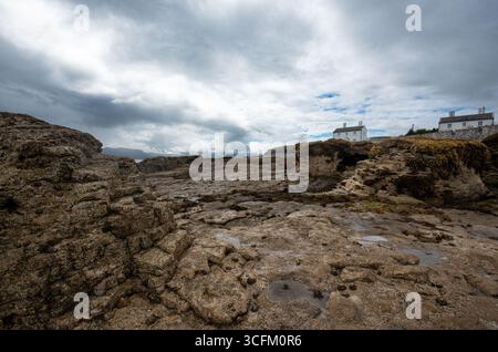 Des roches escarpées recouvertes d'algues marines sont visibles à marée basse à Penmon point, Beaumaris, alors qu'une brume marine matinale commence à se dégager au-dessus d'Anglesey. Banque D'Images