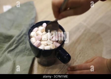 Dégustez un chocolat chaud confortable avec des guimauves servies dans une tasse chaude atmosphère de Noël hiver chaud Banque D'Images