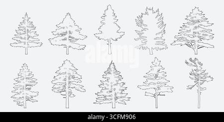 Dessins architecturaux, dessin de ligne d'arbre cao de style minimal, vue de côté, ensemble de symbole de contour de forêt de faune de section pour le dessin de conception de paysage Illustration de Vecteur