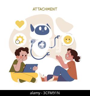 Illustration vectorielle d'un robot amical s'engageant avec deux enfants joyeux, montrant des émotions de curiosité et de bonheur. Le garçon tient une tablette, ajoutant un élément d'apprentissage numérique. Illustration de Vecteur